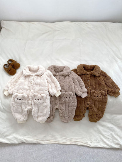Winter Infant Baby Lovely Teddy Bear Cartoon Pattern Turndown Collar Thermal Pajamas Romper