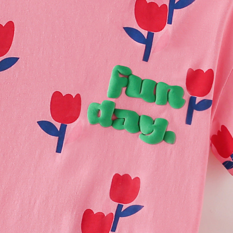 Summer Baby Kids Flowers and Letters Pattern T-shirt and Shorts Clothing Set for Girls