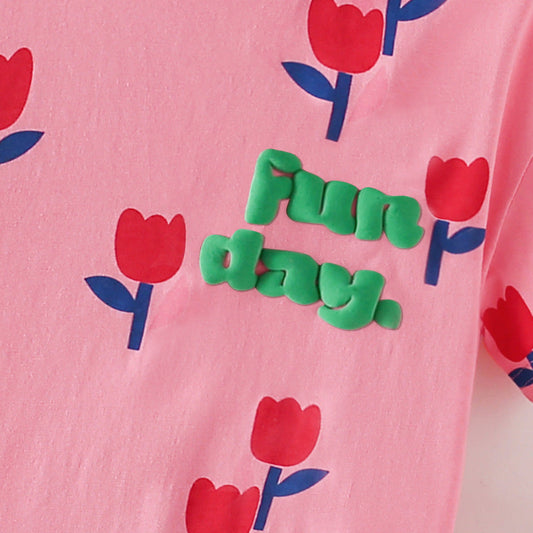 Summer Baby Kids Flowers and Letters Pattern T-shirt and Shorts Clothing Set for Girls