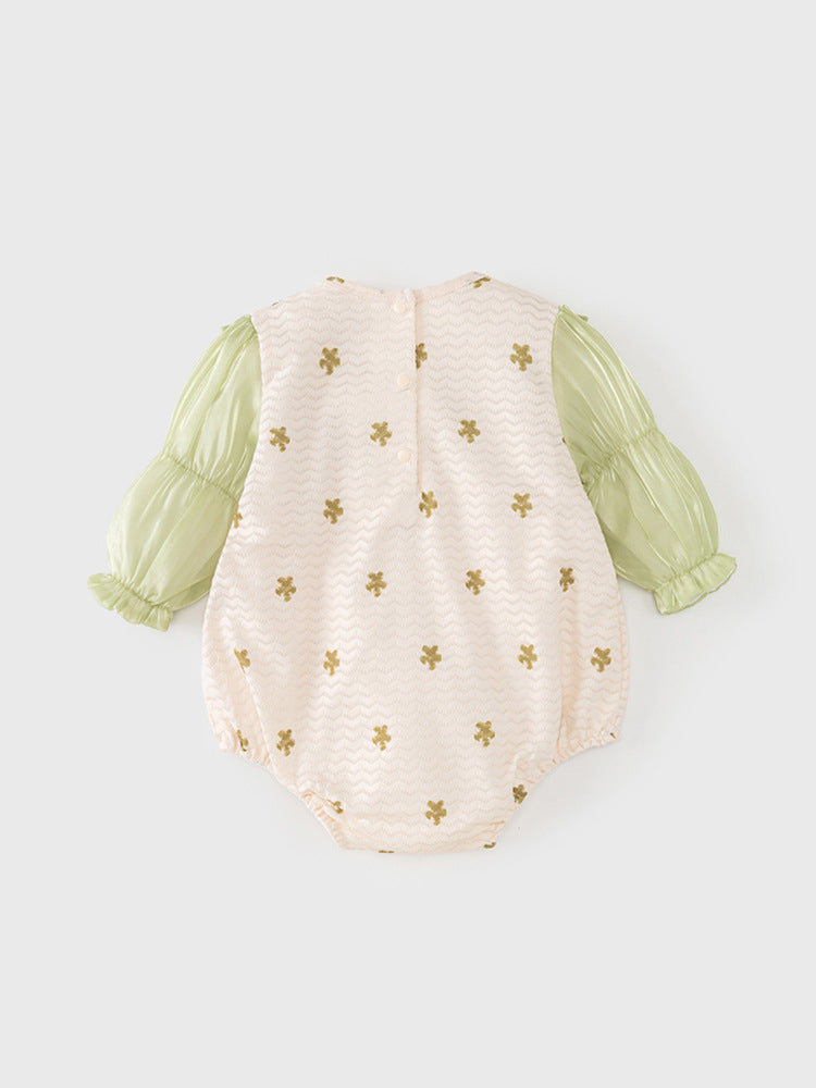 Autumn Arrival Baby Girls Flowers Pattern Long Sleeves Lace Patchwork Onesies with Hat