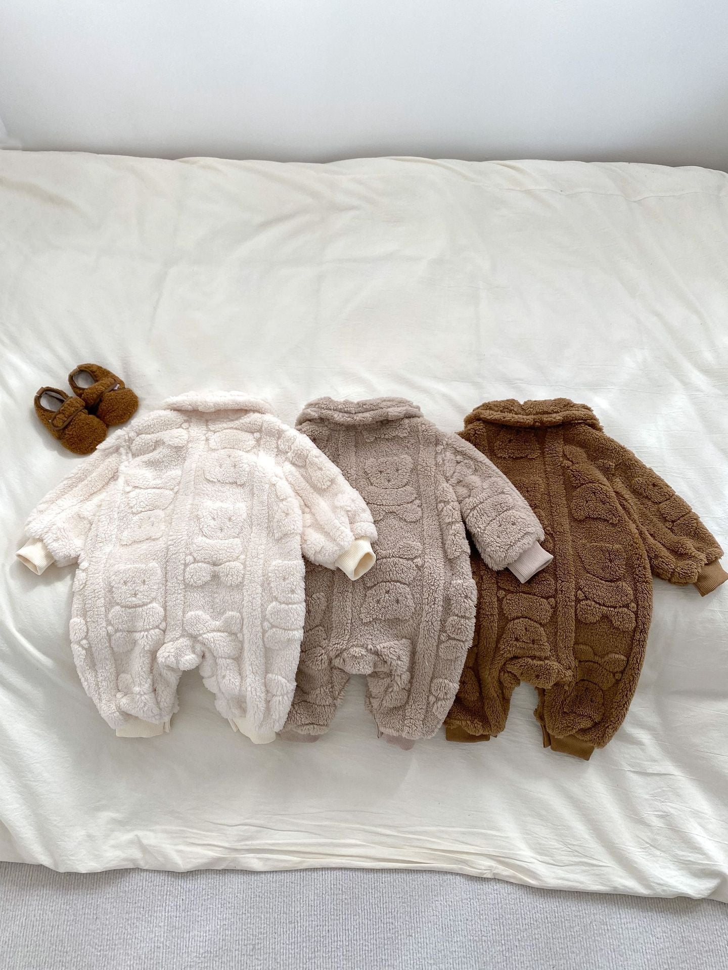 Winter Infant Baby Lovely Teddy Bear Cartoon Pattern Turndown Collar Thermal Pajamas Romper