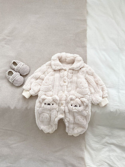 Winter Infant Baby Lovely Teddy Bear Cartoon Pattern Turndown Collar Thermal Pajamas Romper