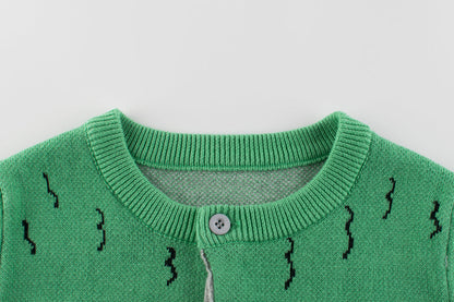 Boys Dinosaur Pattern Round Collar Long-Sleeved Sweater Cardigan