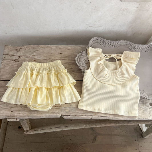 Summer Arrival Baby Girls Sleeveless Solid Color Top And Ruffle Trim Skirt Clothing Set