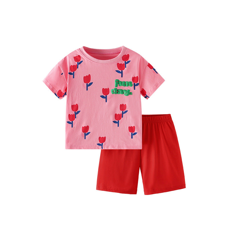 Summer Baby Kids Flowers and Letters Pattern T-shirt and Shorts Clothing Set for Girls