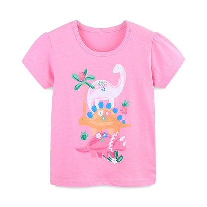 Summer Girls’ Cartoon Dinosaurs Pattern T-shirt in European and American Style