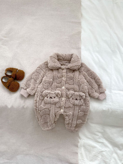 Winter Infant Baby Lovely Teddy Bear Cartoon Pattern Turndown Collar Thermal Pajamas Romper