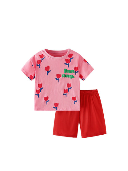 Summer Baby Kids Flowers and Letters Pattern T-shirt and Shorts Clothing Set for Girls