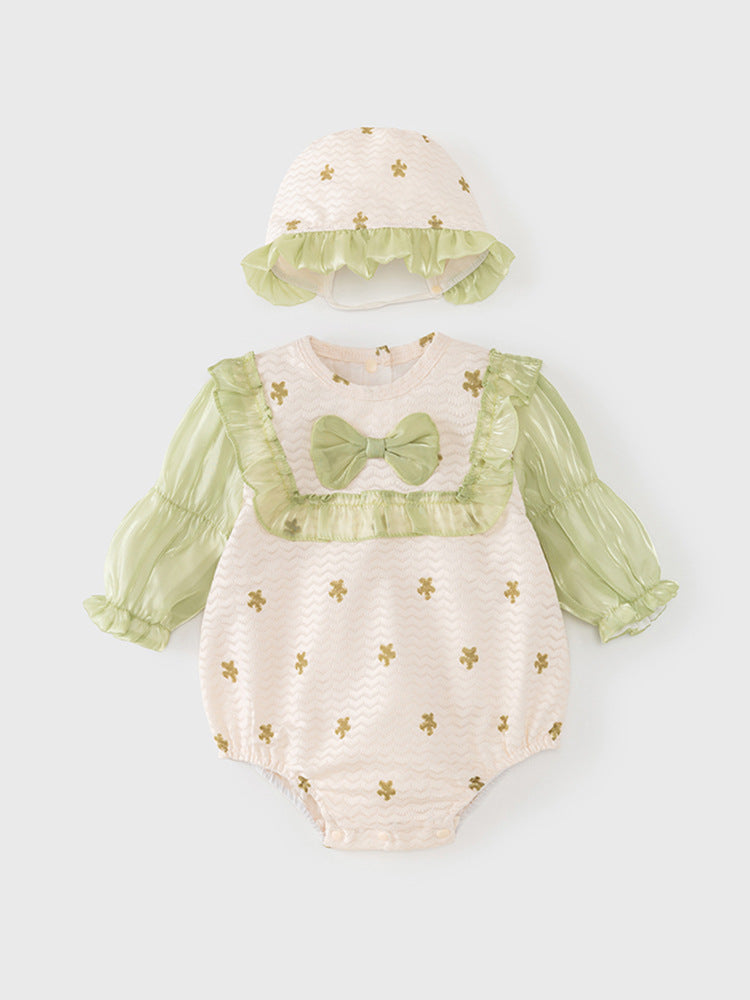 Autumn Arrival Baby Girls Flowers Pattern Long Sleeves Lace Patchwork Onesies with Hat