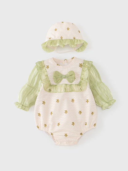 Autumn Arrival Baby Girls Flowers Pattern Long Sleeves Lace Patchwork Onesies with Hat