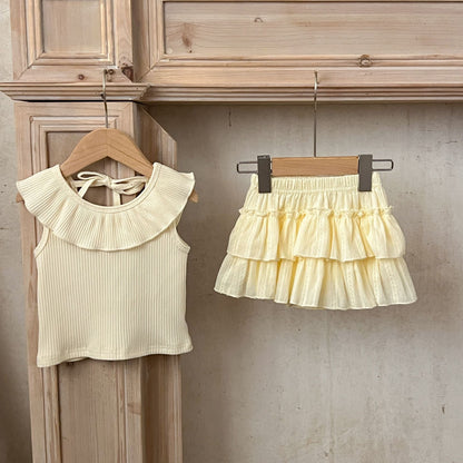Summer Arrival Baby Girls Sleeveless Solid Color Top And Ruffle Trim Skirt Clothing Set